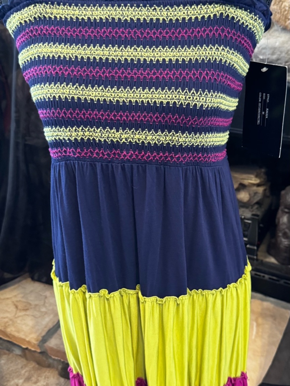 Navy Blue Strapless Dress with Neon Lime & Hot Pink Accents